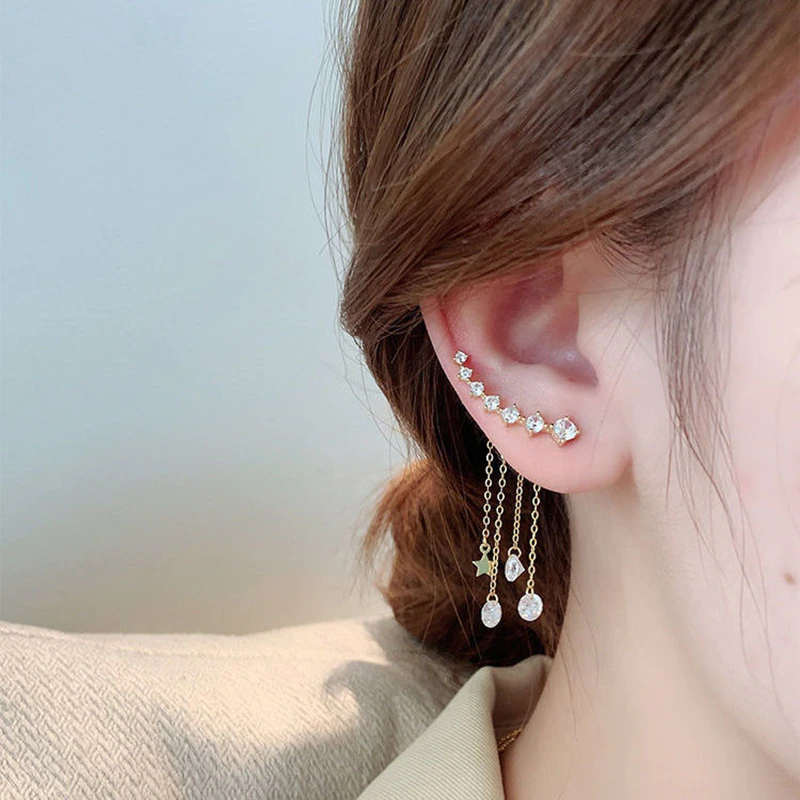 Silver Star Tassel Drop Earrings