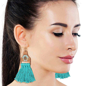 Turquoise Tassel Wooden Earrings