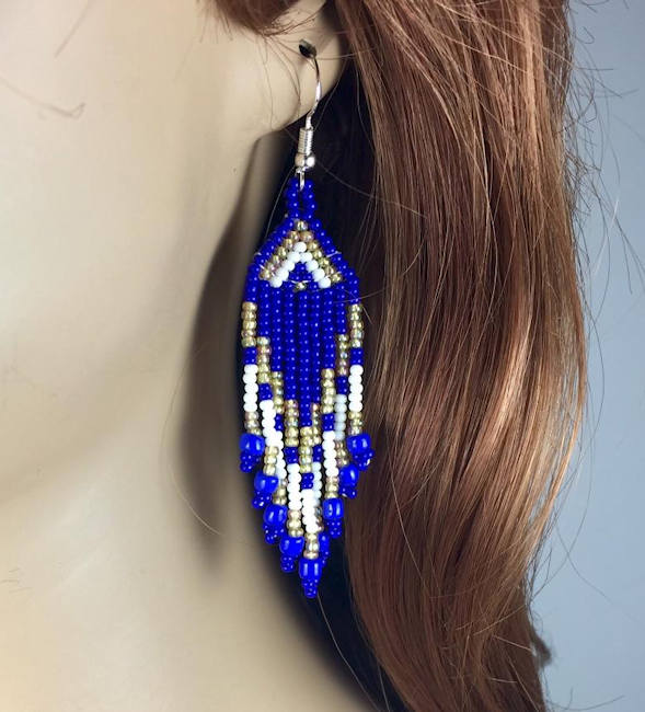 Beaded Earrings, Blue, White and Tan - Hand Made
