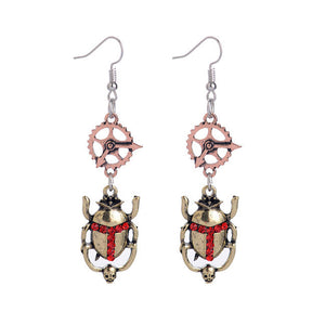 Steampunk Earrings with Gears, Beetle, Skull, with Red Crystals