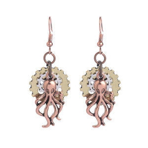 Steampunk Earrings with Gears & Octopus 