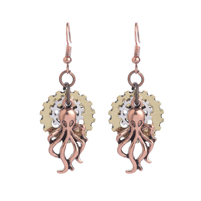 Steampunk Earrings with Gears & Octopus 