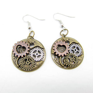 Steampunk Drop Earrings Circle with Small Gears - one with a Heart Opening