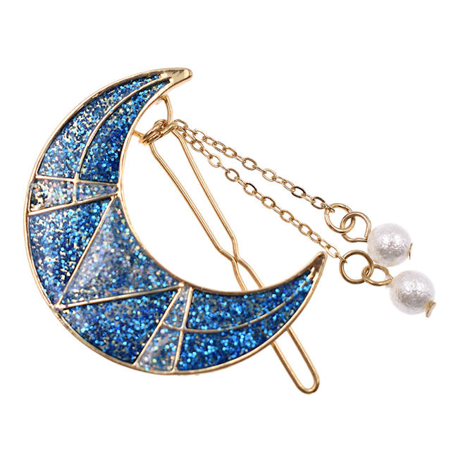 Clestial Barrette - Glittery Blue Crescent Moon with Dangling Faux Pearls