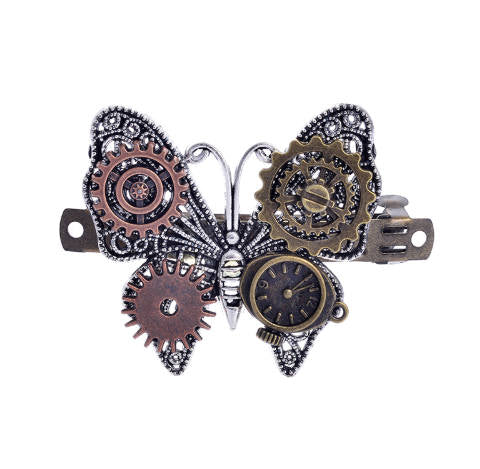 Barrette - Steampunk Butterfly Shape with Gears and Clock