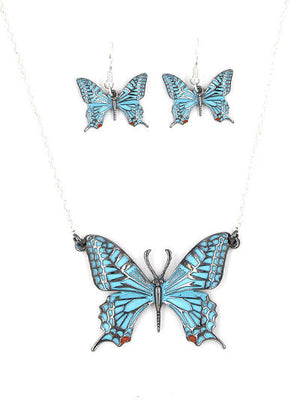 BUTTERFLY PENDANT NECKLACE AND EARRING SET  BLUE