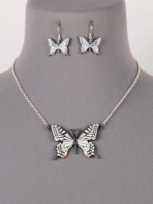 White BUTTERFLY PENDANT NECKLACE AND EARRING SET
