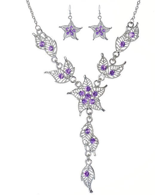 Necklace and Earring Set with Purple Crystal Rhinestones