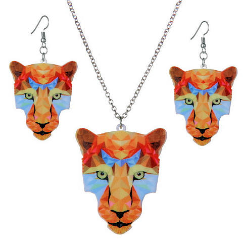 Artistic Big Cat Face Necklace and Earring Set - Acrylic