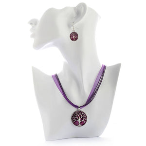 necklace earrings purple tree of life