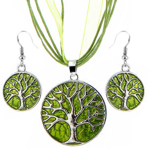 necklace earring set ribbon green tree of life