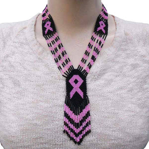 handmade seed bead pink ribbon necklace