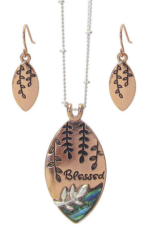 Necklace and Earring Set - Abalone - Inspirational "Blessed"