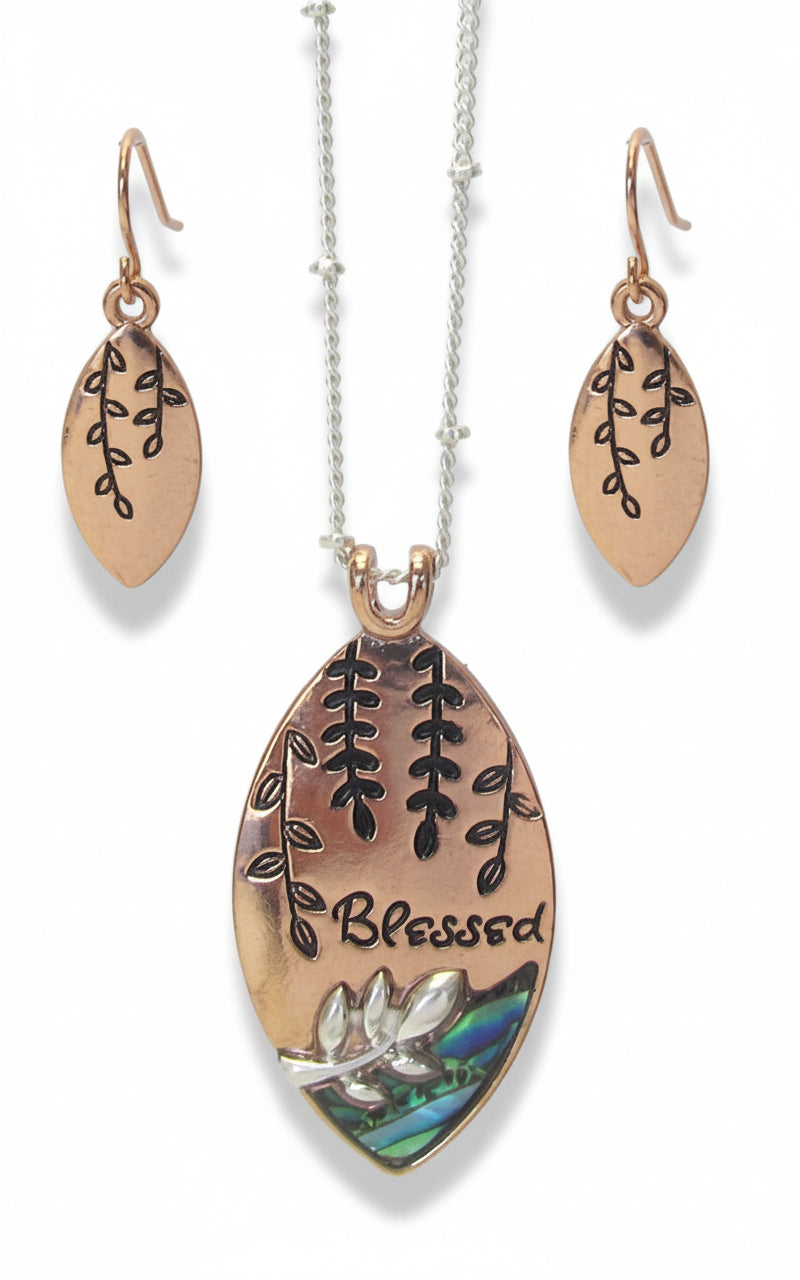 Necklace and Earring Set - Abalone - Inspirational "Blessed"
