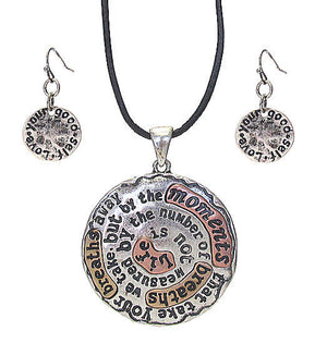 Inspirational Message Disc Pendant Necklace and Earring set