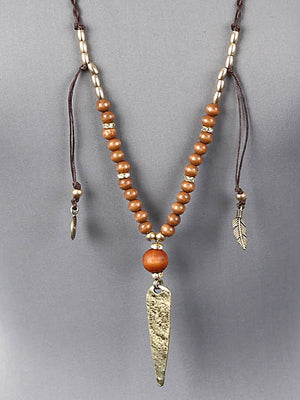 Braided Cord with Feather, Wooded Bead Necklace and Earring Set