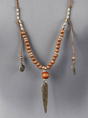 Braided Cord with Feather, Wooded Bead Necklace and Earring Set