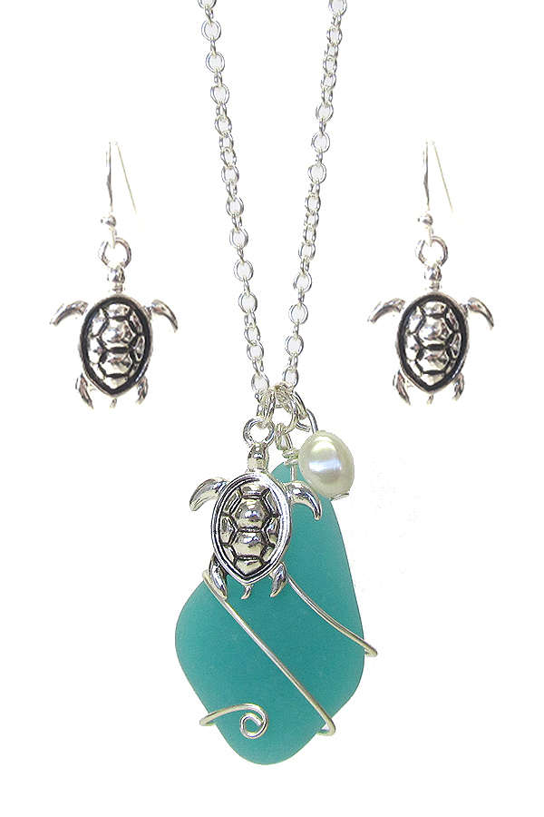 Turtle and Wire Wrap Sea Glass Necklace set