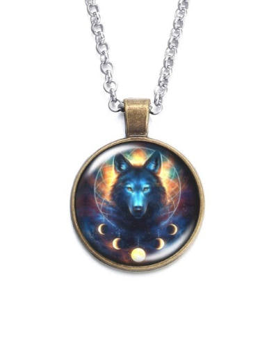 wolf with moon phases pendant necklace