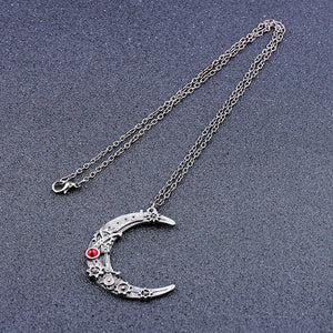 Steampunk Cresent Moon Necklace with Steampunk Stars and Red crystal