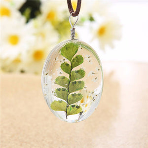 Real Plant Leaf Glass Necklace Pendant on Leather