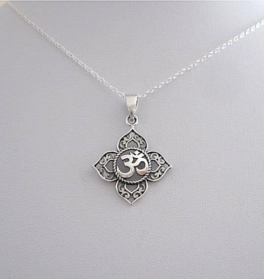 OHM Symbol in Filigree Lotus Flower Pendant with Chain