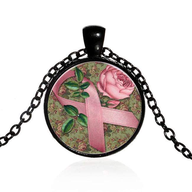 Breast Cancer Awareness Glass Cabochon Necklace 