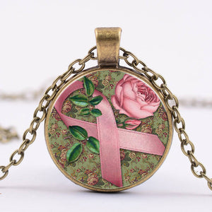 Breast Cancer Awareness Glass Cabochon Necklace 