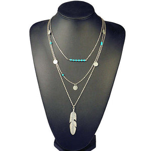 Multi Length Chain Necklace with Feather Pendant and Turquoise Accents