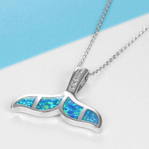 Mermaid / Whale Tail Pendant Necklace with Simulated Blue Opal