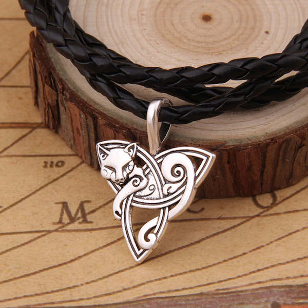 Cat On Triquetra Necklace with Braided Leather Cord