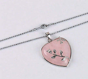 Heart Necklace Rose Quartz with Flowers Pendant with Chain