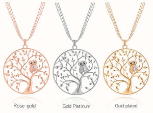 Three Tones of Owl on Tree of Life Necklace