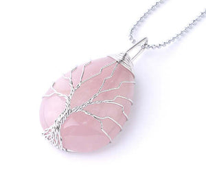Wire Wrapped Rose Quartz Tree of Life Pendant Necklace