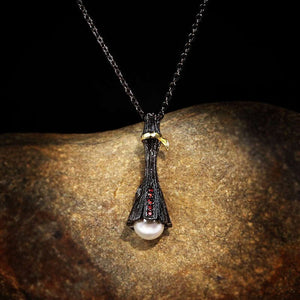 Black and Gold Necklace with Red CZ and simulated Pearl