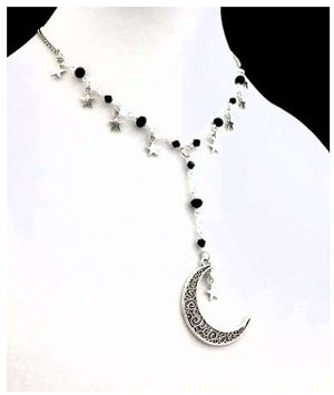 Black Bead Necklace with Stars and Drop Moon