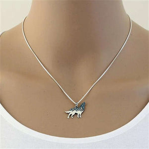 Wolf with Embossed mountains, Moon and Stars necklace 