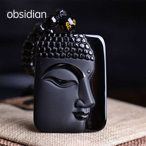 Obsidian Buddha Head Pendant Necklace
