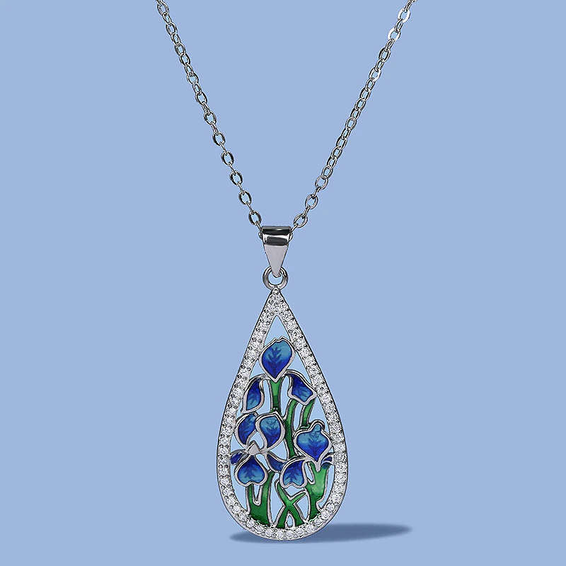 Flower Pendant Necklace Silver Blue Enamel
