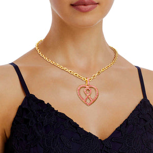 Rhinestone Pink Ribbon Heart Necklace