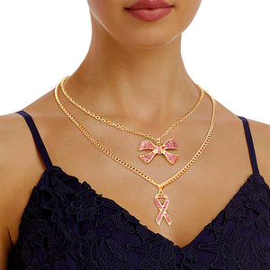 Rhinestone double Layer pink ribbon necklace