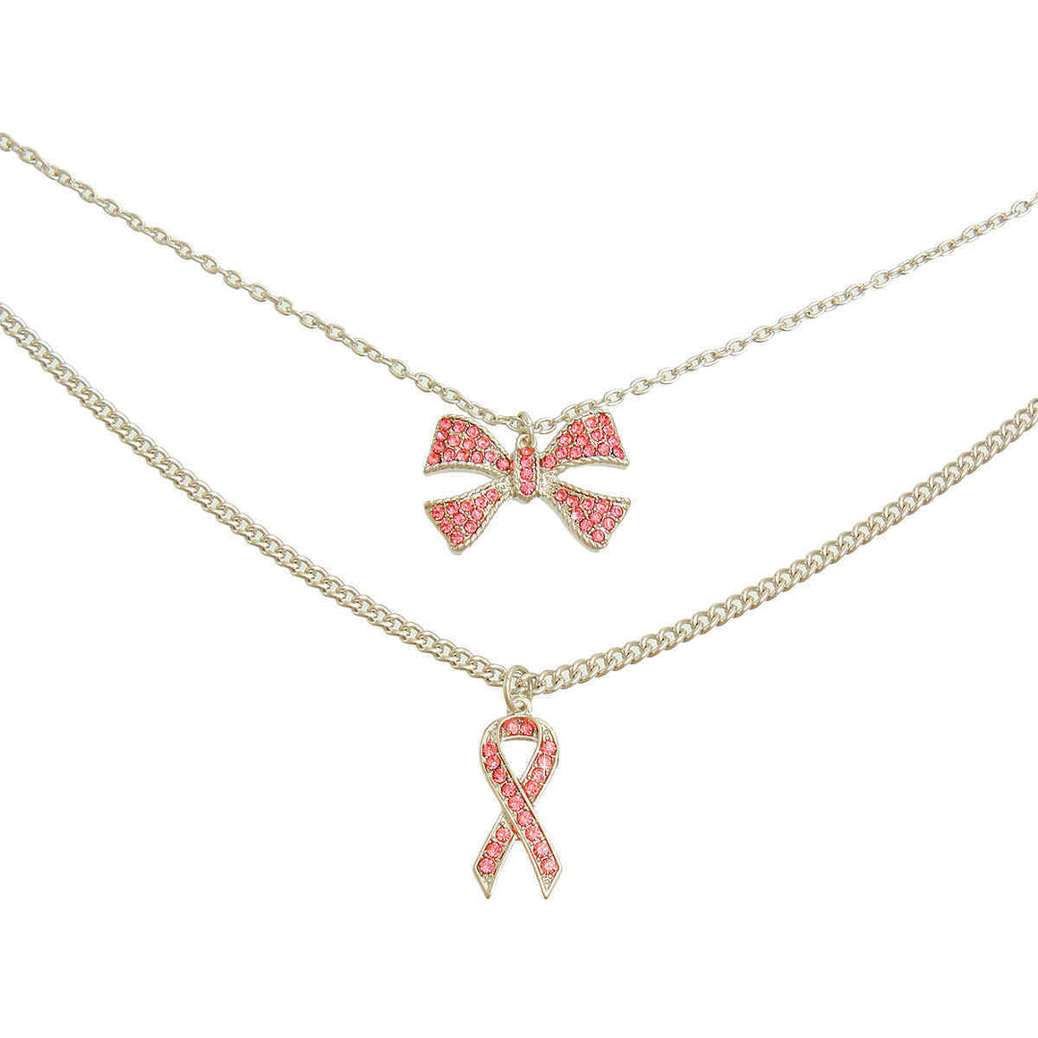 Rhinestone double Layer pink ribbon necklace