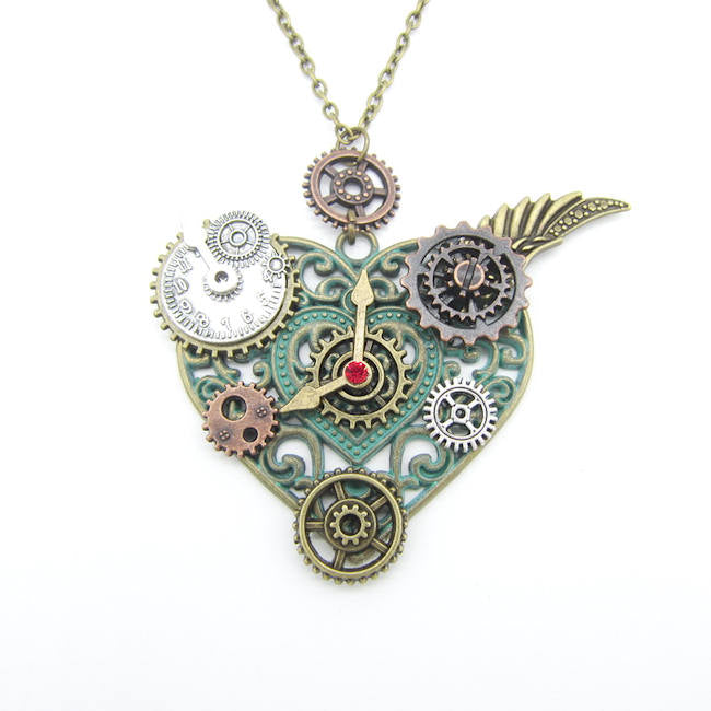 Heart Shped Steampunk Necklace with Gears and Wing