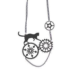 Steampunk Cat walking on Gears Necklace
