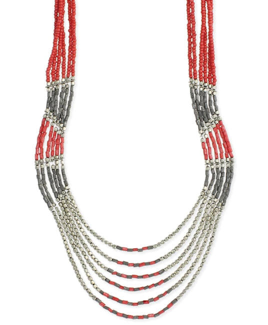 Beaded Necklace - Coral, Grey and Silver with 6 graduating lines.