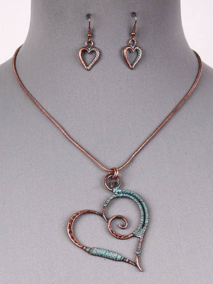 Necklace & Earring Set - Heart with Coiled Wire