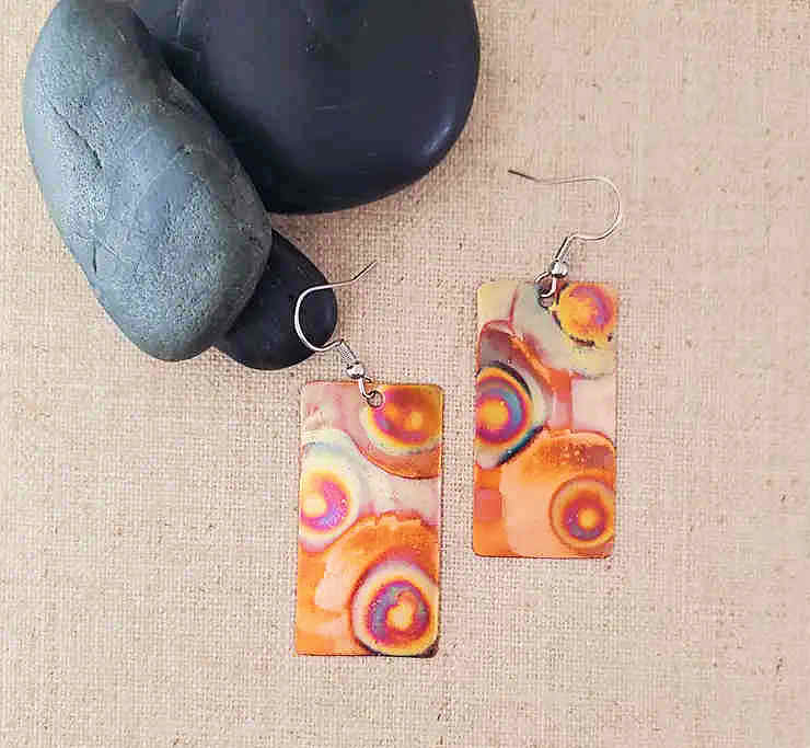 Earrings Flame Paint Copper Rectangle